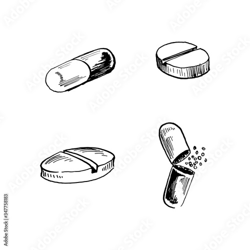 pharmaceutical pills. set ink hand drawn sketches. Vector format.