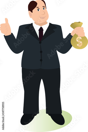 Vector illustration of a successful banker holding a bag with dollar money. Rich businessman with money. Vector business illustration