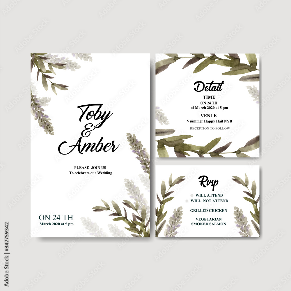 Floral wine wedding card design with banksia leaves, Poaceae watercolor illustration