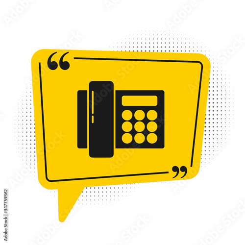 Black Telephone icon isolated on white background. Landline phone. Yellow speech bubble symbol. Vector Illustration
