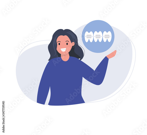 Woman in braces. Brackets system,on female teeth. Orthodontic services. Vector illustration in flat style.