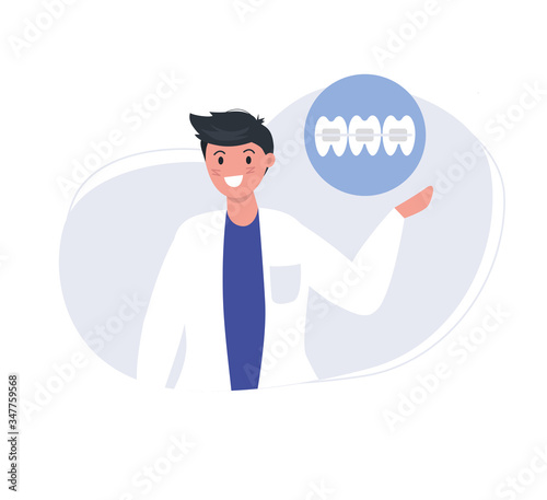 Doctor ortodontist shows brackets system, braces. Orthodontic services. Vector illustration in flat style.