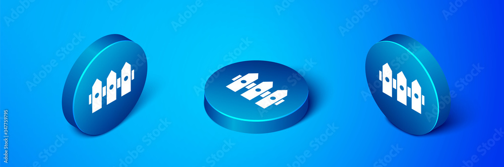 Isometric Garden fence wooden icon isolated on blue background. Blue circle button. Vector Illustration Isometric Garden fence wooden icon isolated on blue background. Blue circle button. Vector Illustration