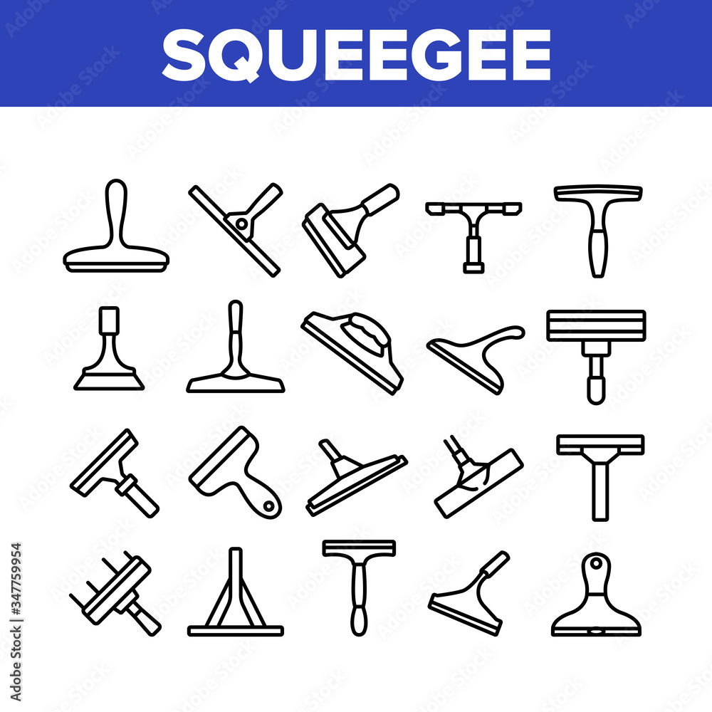 Squeegee For Cleaning Window Icons Set Vector. Brush Squeegee Equipment For Clean Glass, Wash Service Tool In Different Style Concept Linear Pictograms. Monochrome Contour Illustrations Squeegee For Cleaning Window Icons Set Vector. Brush Squeegee Equipment For Clean Glass, Wash Service Tool In Different Style Concept Linear Pictograms. Monochrome Contour Illustrations