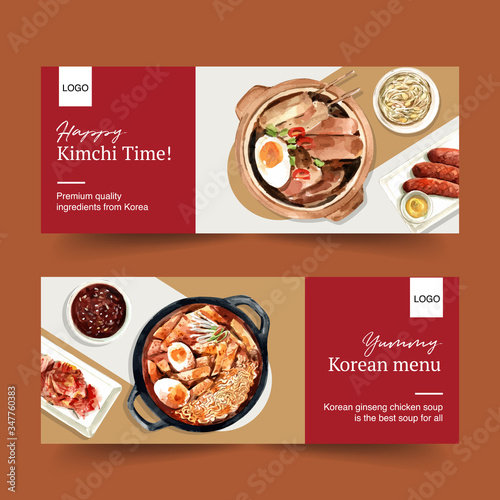Korean food banner design with pork, pot, egg, Sundae watercolor illustration