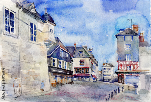 Architecture watercolor sketch of the street with fachwerk houses in Honfleur, Normandy, France. Mix media contains of colored pencils. Illustration with granular effect in blue, burgundy and ocher