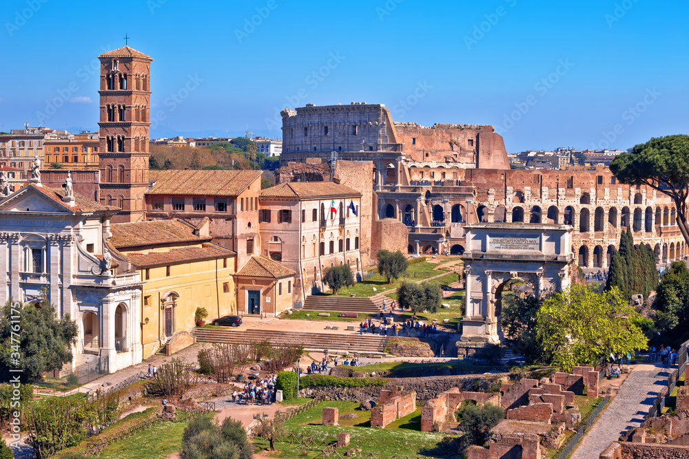 Rome. Ancient Forum Romanum landmarks and Colosseum in eternal city of Rome