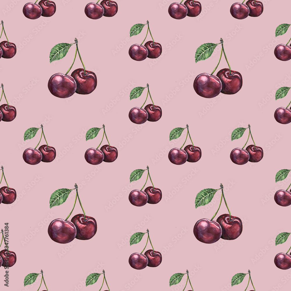 Watercolor illustration seamless pattern of cherry berries on a pink background