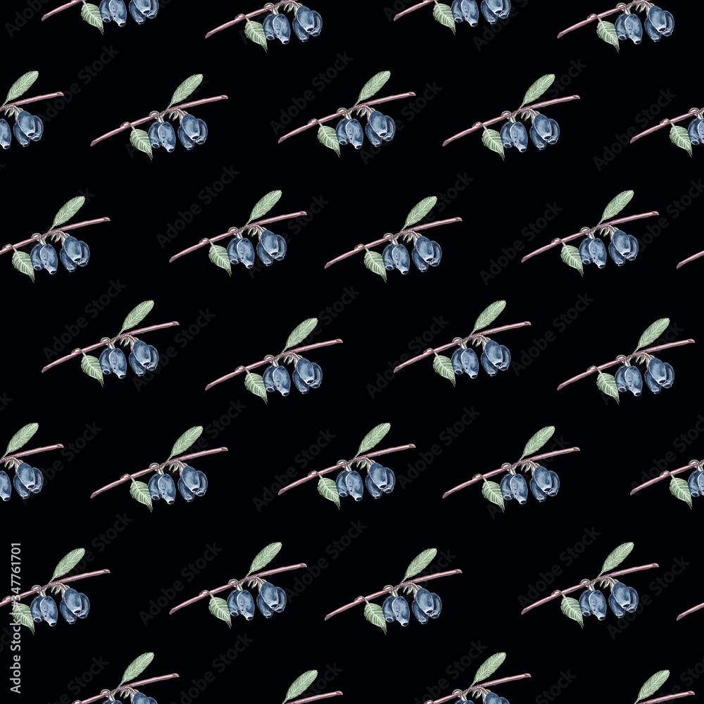 Fototapeta premium Watercolor illustration pattern of honeysuckle berries