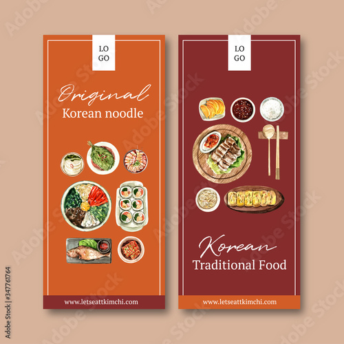 Korean food flyer design with kimbap, bibimbap watercolor illustration.