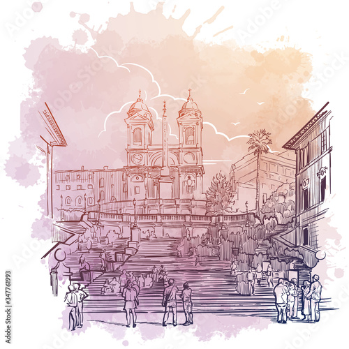 Spanish Steps in Rome, Italy. Vintage design in soft pastel colors. Linear sketch on a watercolor textured background. EPS10 vector illustration