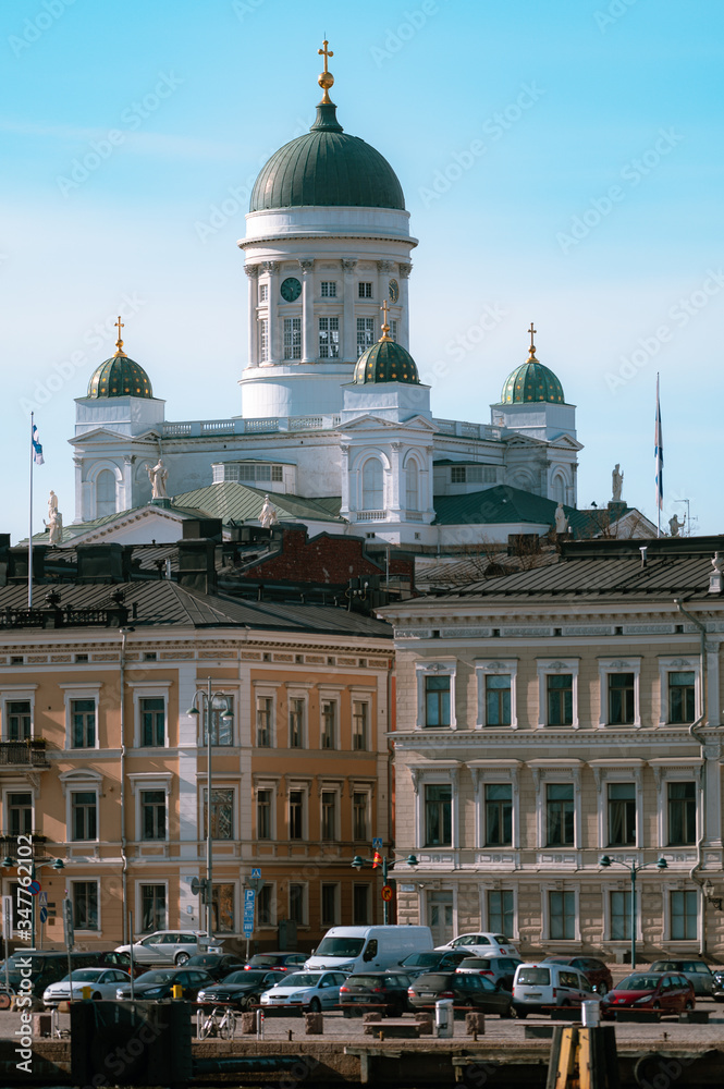 A summer cityscape from downtown with Helsinki Cathedral at the background.