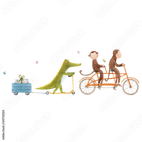 Beautiful vector stock illustration with watercolor hand drawn cute animals on transport.
