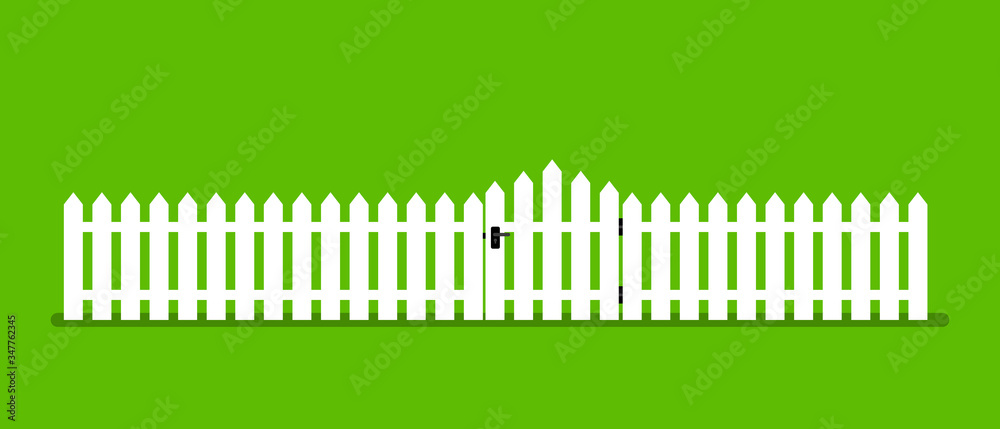 White wooden fence with garden gate in flat style - obrazy, fototapety, plakaty 