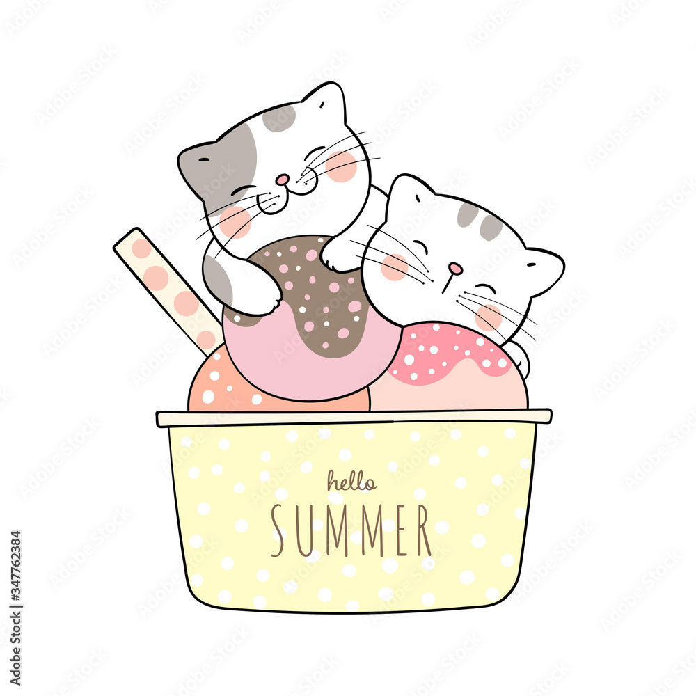 Draw Vector Cute Cat Sleeping In Ice Cream Cup For Summer. Stock Vector |  Adobe Stock