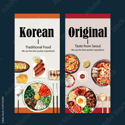 Korean food flyer design with bibimbap, egg roll watercolor illustration.