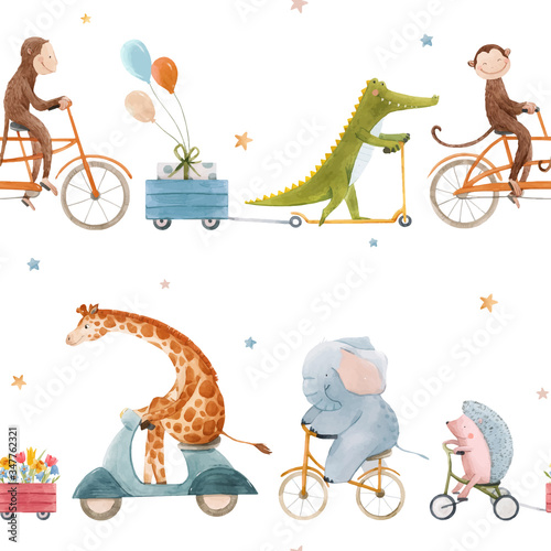 Beautiful vector seamless pattern for children with watercolor hand drawn cute animals on transport. Stock illustration.