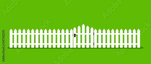 Canvastavla White wooden fence with garden gate in flat style