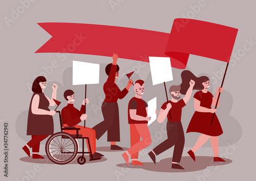 Youth protest or picket against anything. Crowd of young people strikes with campaign banners. Vector illustration in modern flat style. Blank places for your text on flag and posters