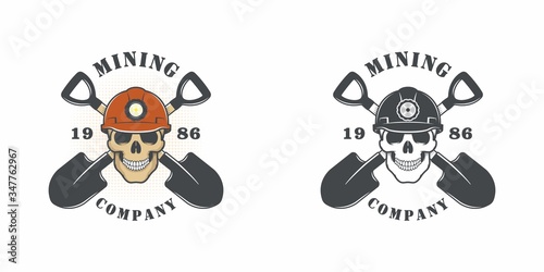 Set of color illustrations skull miner in a helmet and crossed shovels on a white background. Vector illustration on the theme of gold and coal mining. Mining company logo.