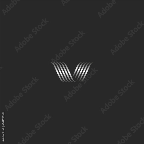 Ornamental letter V logo monogram, overlapping thin curved lines, wave shape metal stripes
