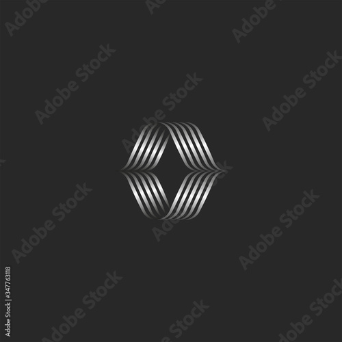 Calligraphic letter O logo monogram sample, overlapping thin lines weave shape, emblem from weaving metal stripes