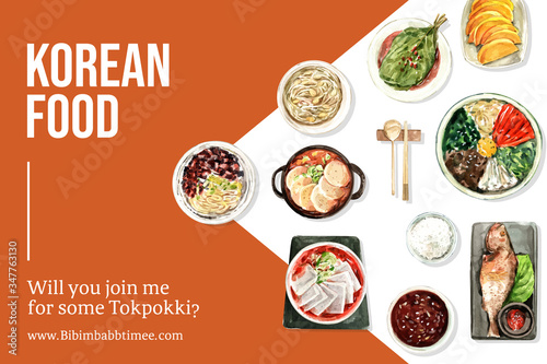 Korean food frame design with ddukbokki, bibimbap watercolor illustration.