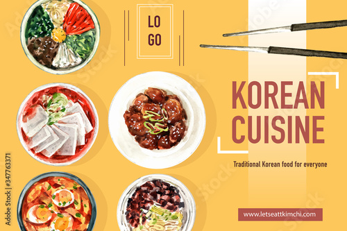 Korean food frame design with noodles, spicy chicken watercolor illustration.