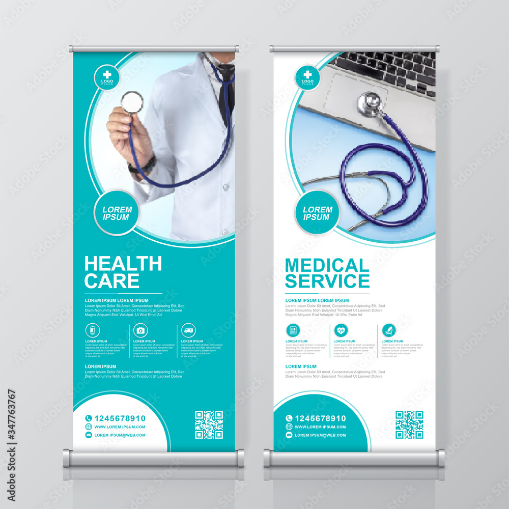 Healthcare and medical roll up design, standee banner template for