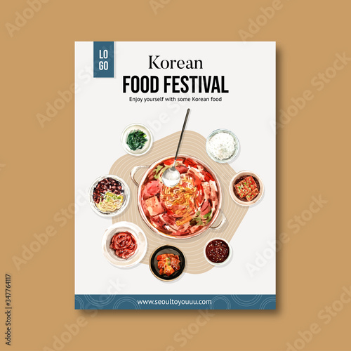 Korean food poster design with spoon, soup, pot, rice watercolor illustration