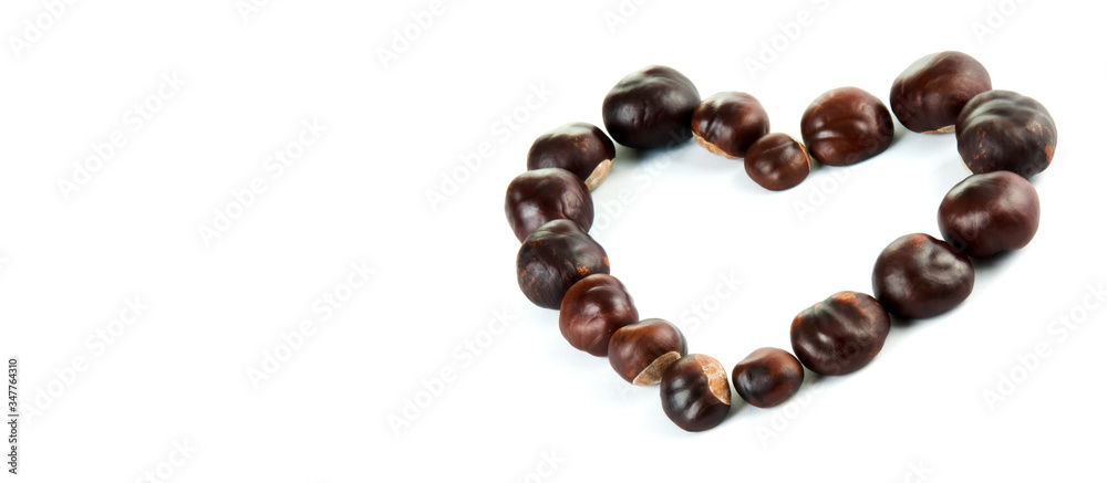 Heart made of fresh brown chestnuts isolated on white background as a design element for autumn love, Valentine's Day, Mother's Day and other related themes. Side view. Studio shot Heart made of fresh brown chestnuts isolated on white background as a design element for autumn love, Valentine's Day, Mother's Day and other related themes. Side view. Studio shot