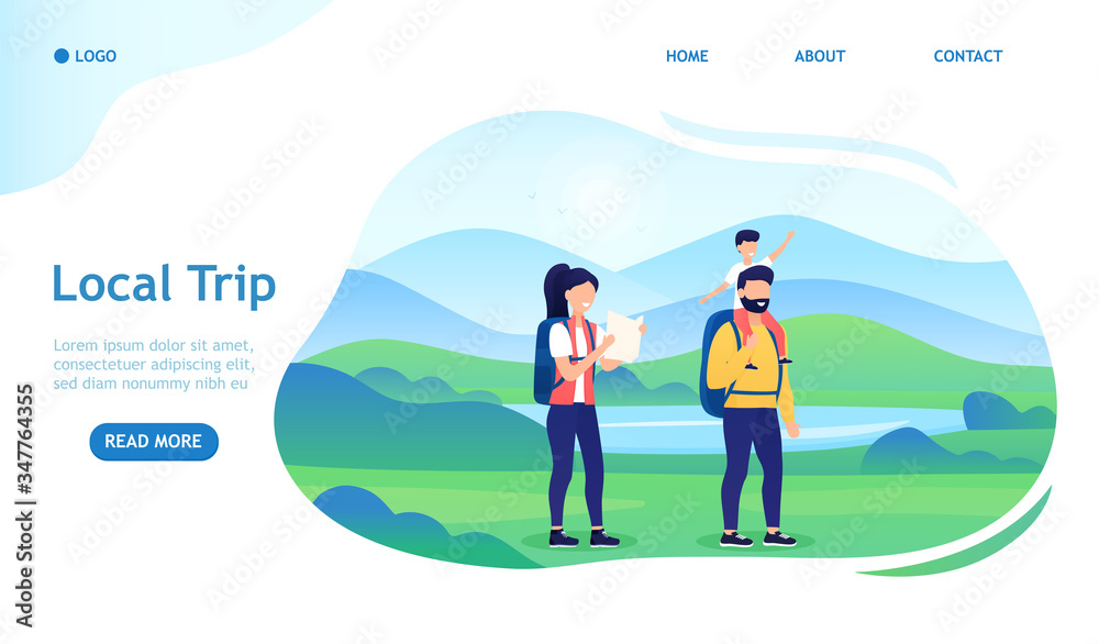 A young happy family makes a local vacation trip. Attractive couple with a child explore local nature and attractions.The family does hiking. Active rest in the mountains. Healthy Lifestyle. Vector