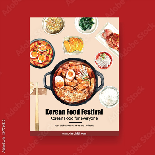 Korean food poster design with rice, pot, noodles watercolor illustration