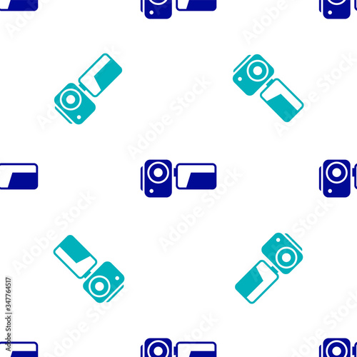 Blue Cinema camera icon isolated seamless pattern on white background. Video camera. Movie sign. Film projector. Vector Illustration