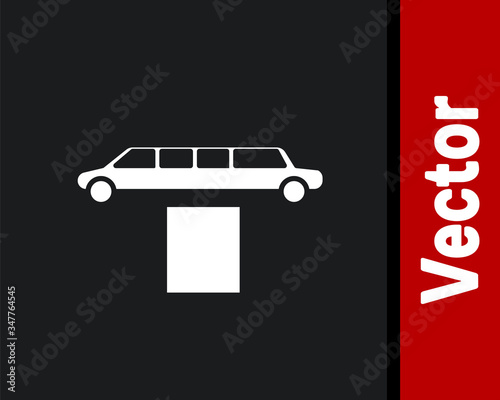 White Luxury limousine car and carpet icon isolated on black background. For world premiere celebrities and guests poster.  Vector Illustration