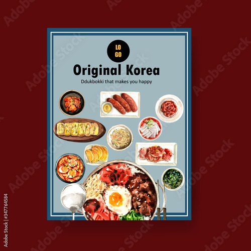 Korean food poster design with Bibimbap, meat, sausage watercolor illustration