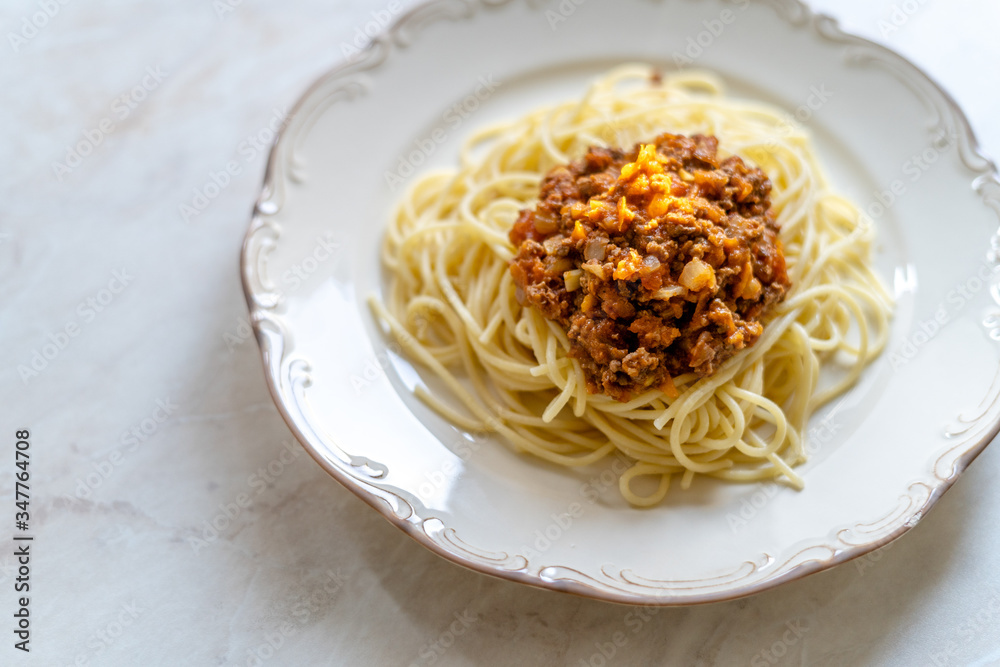 Original Classic Homemade Italian Spaghetti Pasta with Ragu Bolognese Sauce made with Minced  Meat and Tomato Sauce.