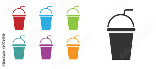Black Paper glass with drinking straw and water icon isolated on white background. Soda drink glass. Fresh cold beverage symbol. Set icons colorful. Vector Illustration