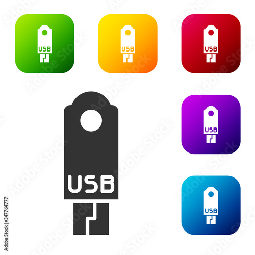 Black USB flash drive icon isolated on white background. Set icons in color square buttons. Vector Illustration