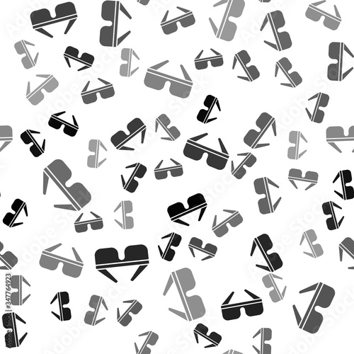 Black 3D cinema glasses icon isolated seamless pattern on white background. Vector Illustration