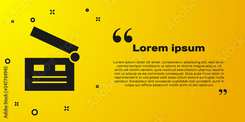 Black Movie clapper icon isolated on yellow background. Film clapper board. Clapperboard sign. Cinema production or media industry.  Vector Illustration