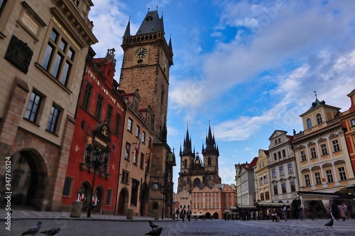 Prague Astronomical Clock with Church of Our Lady before Týn in the background during lockdown.