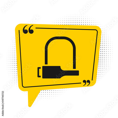 Black Bicycle lock U shaped industrial icon isolated on white background. Yellow speech bubble symbol. Vector Illustration