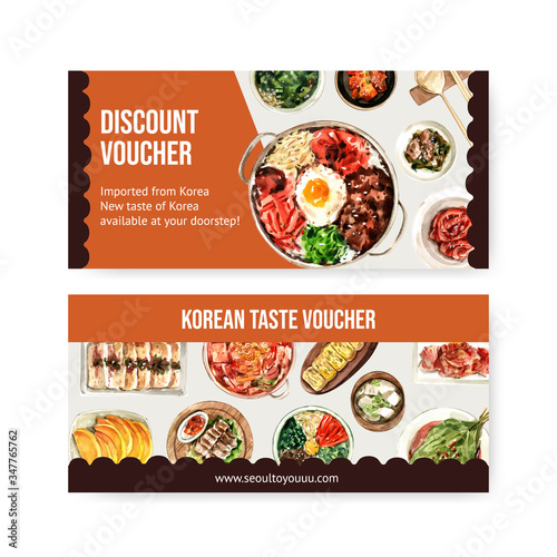 Korean food voucher design with egg roll, ramyeon, bibimbap watercolor illustration.