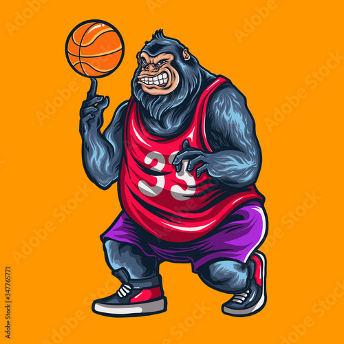 Gorilla wearing a red jersey and cool sneaker spinning the basket ball