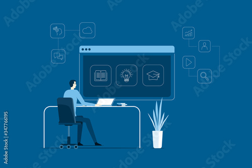 A man working research learning invest with online technology concept