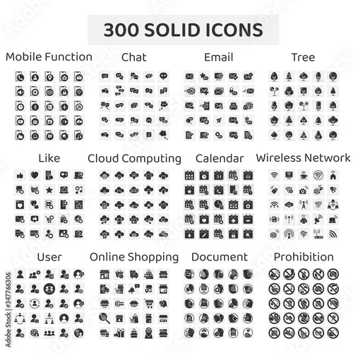 Set of 300 solid icons : mobile function ,chat ,email ,tree ,like ,cloud computing ,calendar ,wireless network ,user ,online shopping ,document ,prohibition sign.