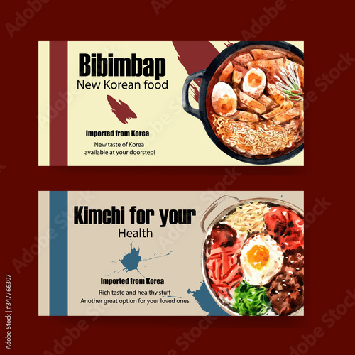 Korean food voucher design with bibimbap, ramyeon watercolor illustration.