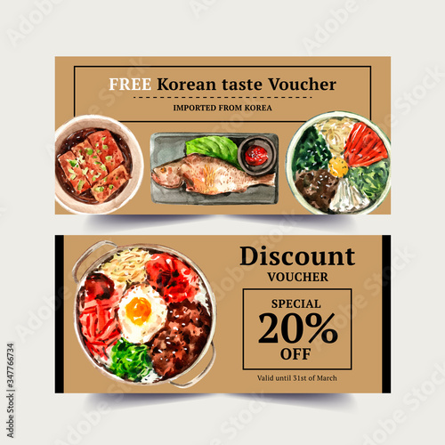 Korean food voucher design with fish, bibimbap watercolor illustration.