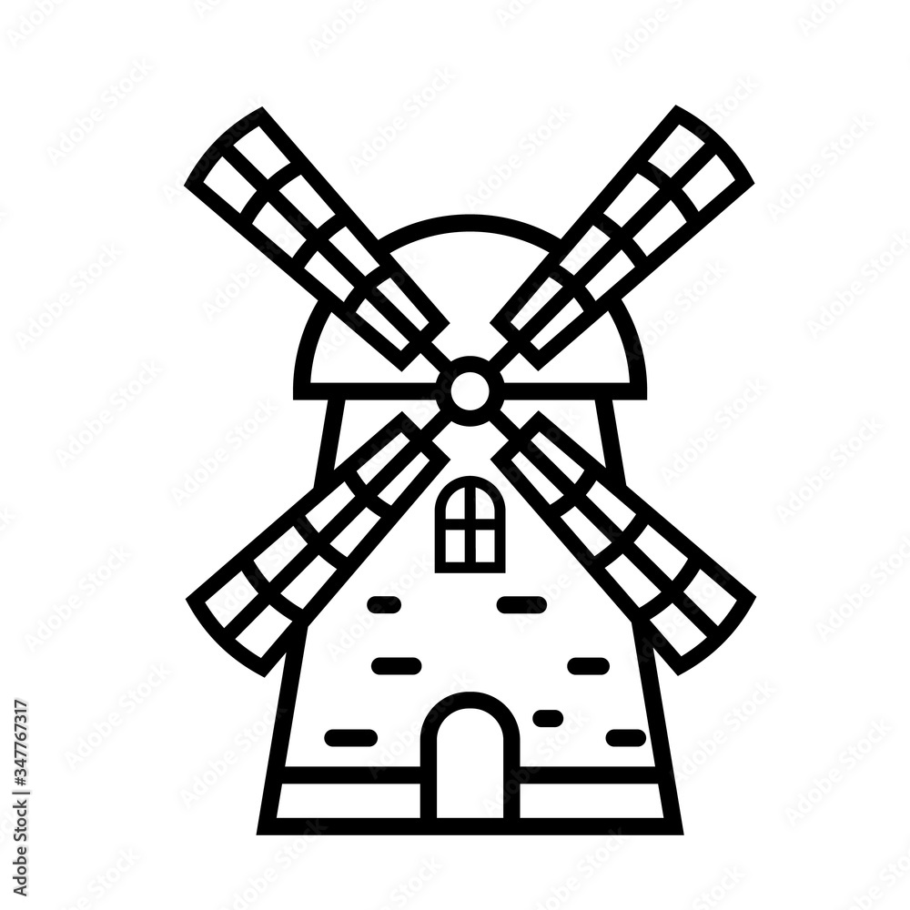 Windmill linear icon. Black and white vector illustration of a mill. Windmill linear icon. Black and white vector illustration of a mill.